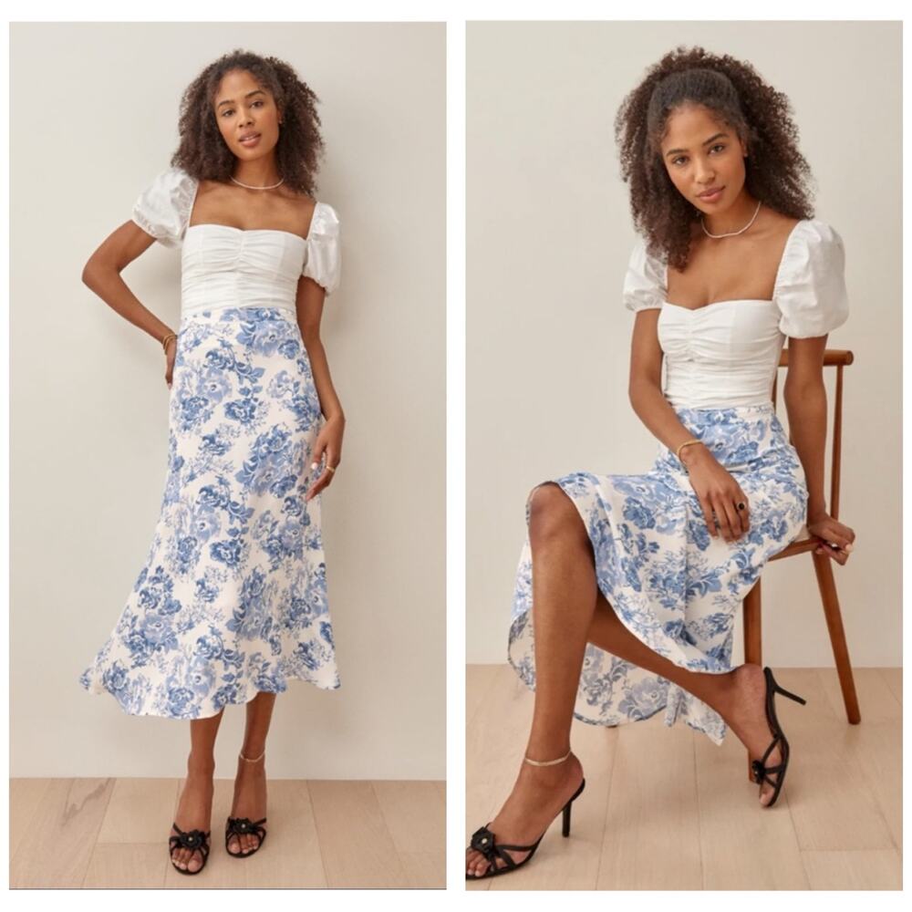 Reformation Bea Midi Skirt in Olympia Size 18 Blue Floral Coquette Cottagecore